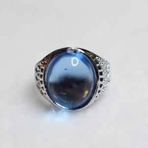 Dreamy Baby Blue Oval Glass Stone Silver Engraved Band Sizes 4&6 Retro Glam Ring